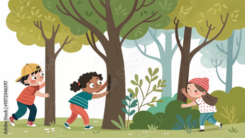 Children playing hide and seek behind trees in a forest with green foliage and colorful clothing