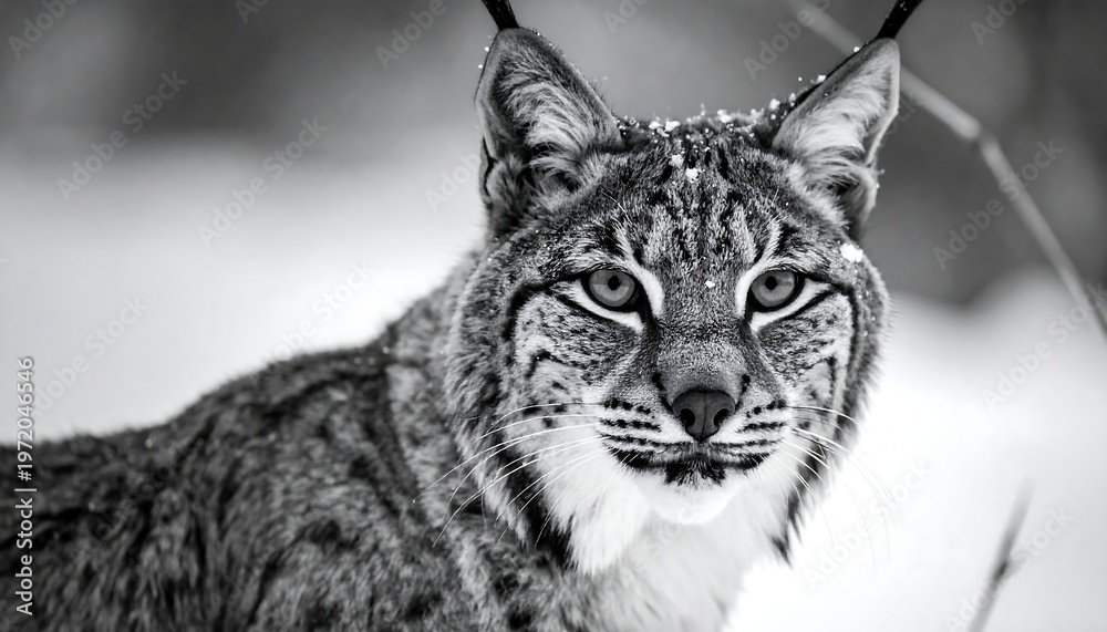 Fototapeta premium Lynx in snow Black and white close-up portrait featuring a wild cat with pointed ears looking directly at the viewer