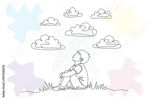Continuous line drawing of a child gazing at clouds, representing imagination, dreams, and a peaceful childhood moment with a hand-drawn aesthetic.