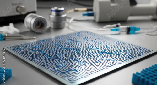 Microfluidic Channels Forming Complex Maze Pattern on Plate