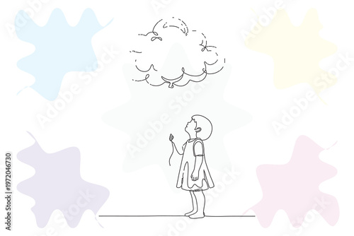 Continuous line drawing of a child looking up at a cloud with a balloon, representing dreams, imagination, and the innocence of childhood.