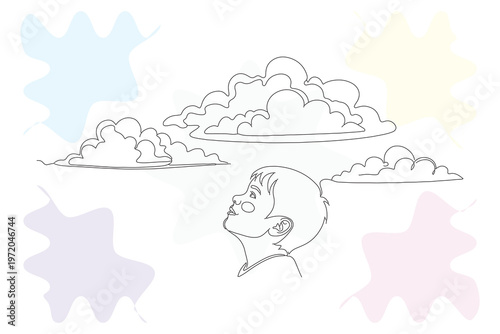 Continuous line drawing of a child looking up at clouds and stars, hand-drawn illustration evoking feelings of wonder, imagination, and youthful love.