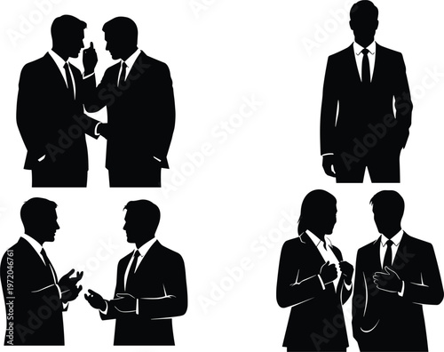 Business conflict and cybersecurity concept with silhouettes arguing and digital code overlay, data breach, hacking threat, technology risk, corporate dispute isolated on dark background