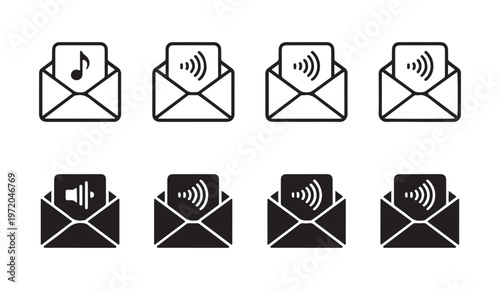 Email inbox audio icons set with mail envelope and music note sound wave message symbol in flat vector style.