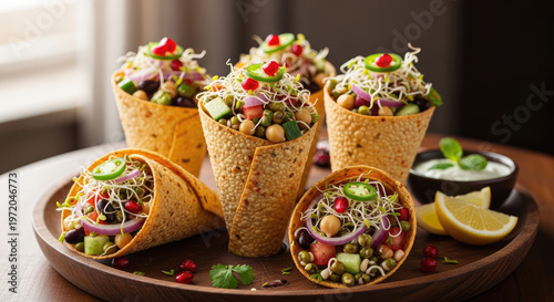 A delicious and healthy platter of vegetable wraps with various toppings and dips