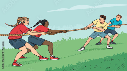 Diverse group playing tug of war on green grass outdoors teamwork and competition concept