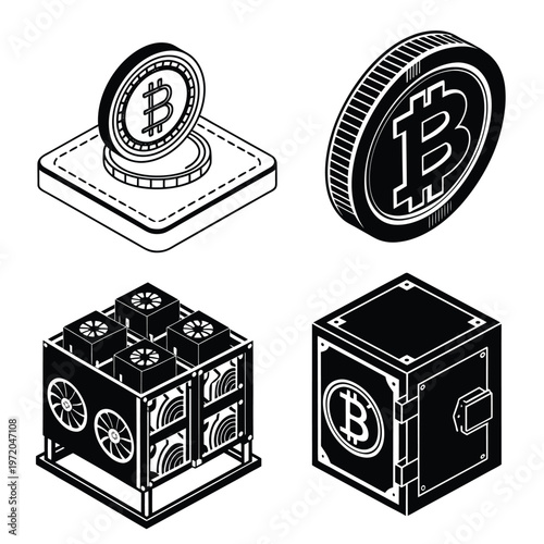 Isometric Bitcoin Mining Hardware and Cryptocurrency Storage illustration