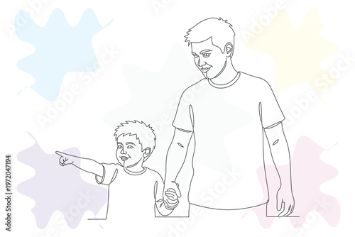 Continuous line drawing of a father and son looking forward with puzzle pieces, representing love, growth, and family connection.