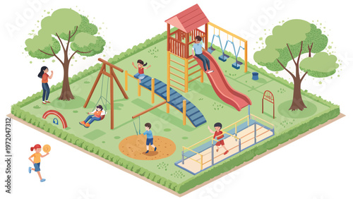 Isometric playground scene with kids playing on swings slides and climbing structures in a green park