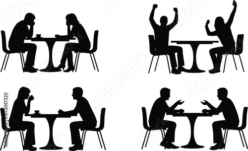 Business meeting and casual cafe conversation silhouettes, people talking, arguing and celebrating at table, communication concept, social interaction scenes isolated on white background