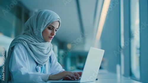 Doctor's Digital Focus: A dedicated medical professional, draped in a hijab and stethoscope, intensely uses a laptop in a modern clinic environment, embodying expertise and care.