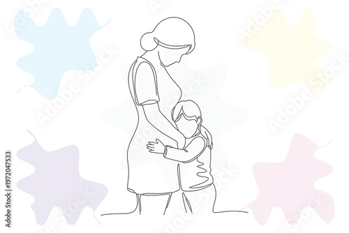 Continuous Line Drawing of a Pregnant Woman Embracing a Child, Illustrating Maternal Love and Expectation with a Delicate, Minimalist Aesthetic
