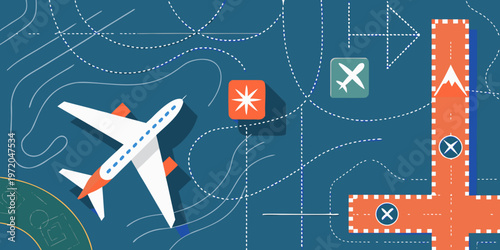 Aerial view of an airplane approaching an airport runway diagram
