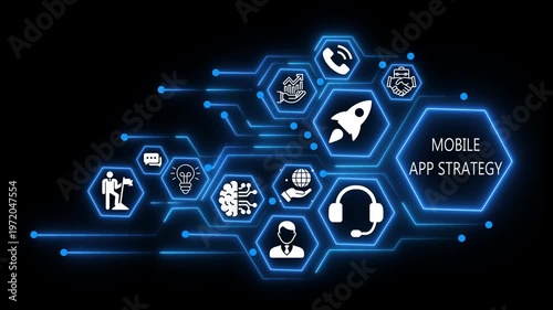 mobile app strategy business and technology concept icons. 4k video animation 