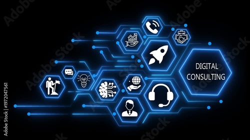 digital consulting business and technology concept icons. 4k video animation 