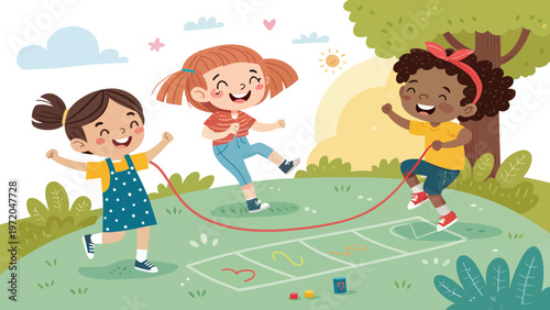 Three happy girls playing jumping rope game on green playground with hopscotch grid