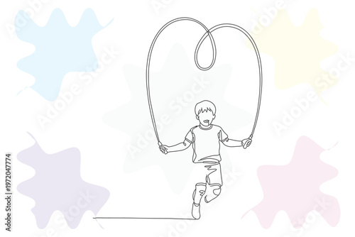 Continuous Line Drawing of a Young Boy Joyfully Jumping Rope, Hand-Drawn Illustration with Pastel Puzzle Pieces, Expressing Childhood Love and Playfulness