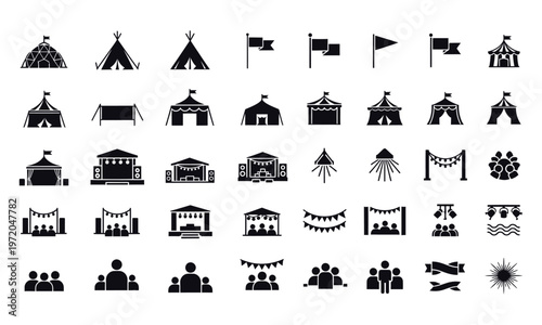 Event and festival tent icon set for outdoor gatherings vector graphics