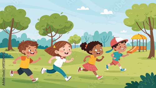 Four diverse children running together in a park on a sunny day playing and chasing each other with smiles