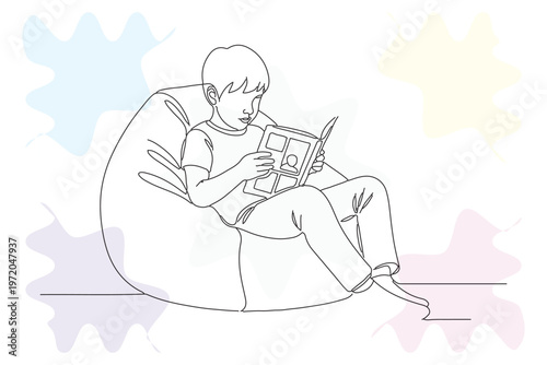Continuous Line Drawing of a Young Boy Reading a Book in a Beanbag Chair, Hand-Drawn Illustration with Pastel Background