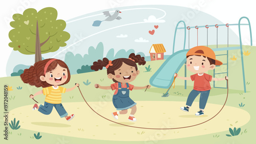 Three diverse kids skipping rope together on playground with swings and slide in background outdoors