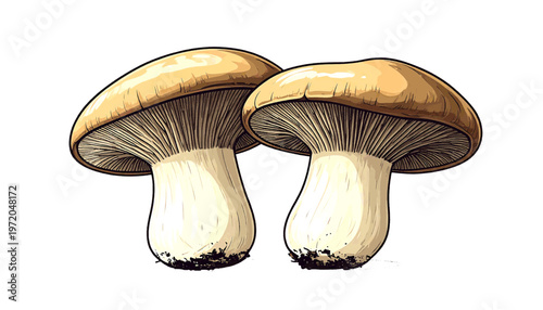 Pair of mushrooms with rounded caps shown as edible fungi ingredient in clean illustration style vector