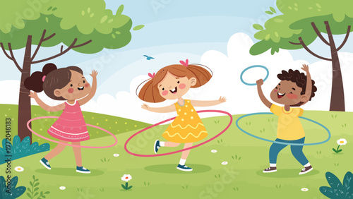 Children playing with hula hoops in a park on a sunny day with trees and flowers