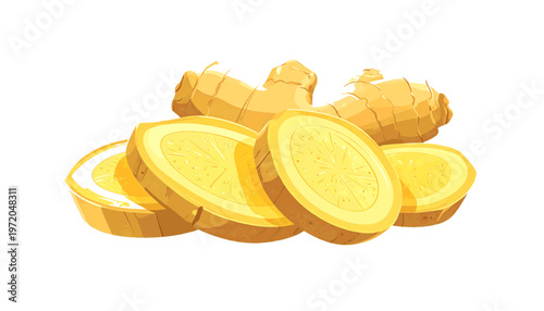Sliced ginger root with yellow interior displayed as aromatic spice ingredient in clean illustration style vector