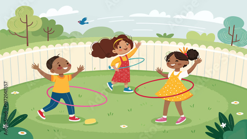 Children playing with hula hoops in a fenced backyard on a sunny day with trees and flowers