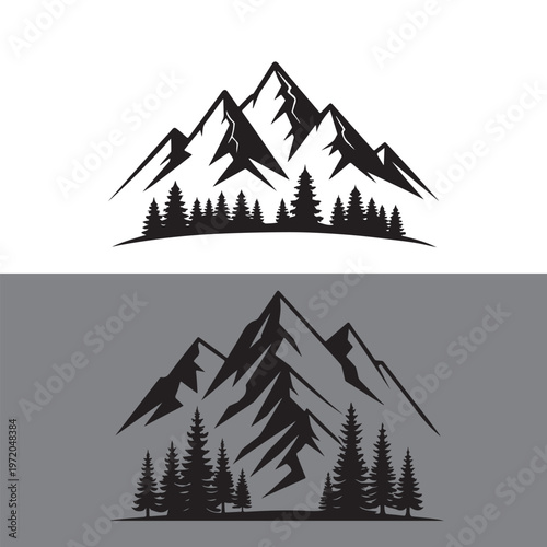 mountain range silhouette with trees on white and gray background