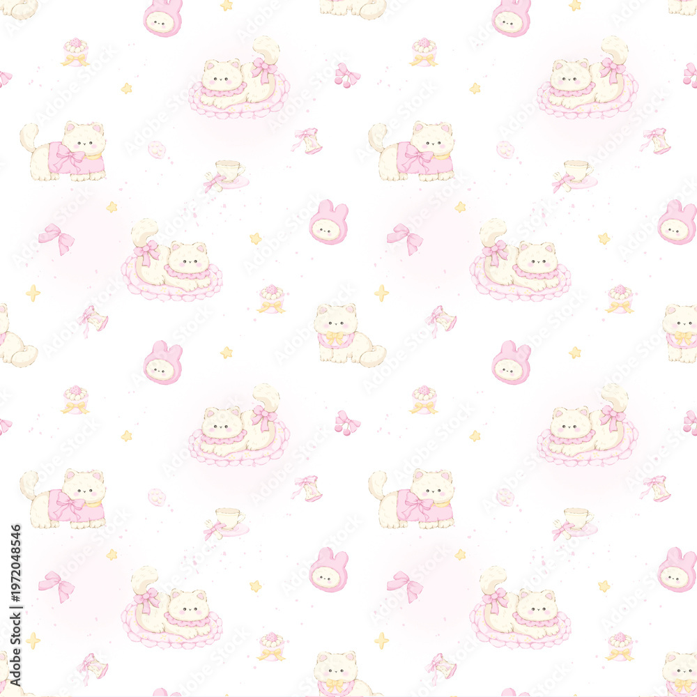 Fototapeta premium Collection of cute kawaii baby animal and nursery seamless patterns with soft pastel tones