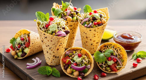 A vibrant and healthy arrangement of vegetable wraps on a wooden board