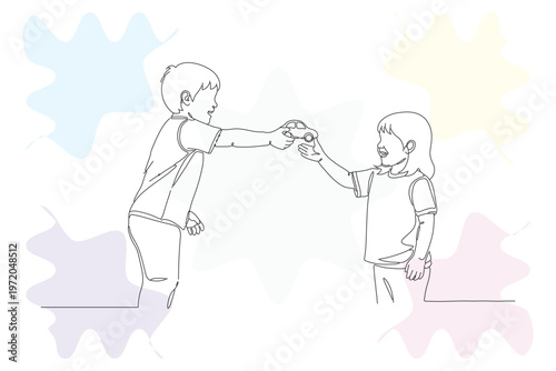Continuous line drawing of two children exchanging a toy car, showcasing a heartwarming moment of sharing and friendship in a simple, modern style.