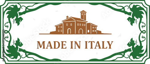 Elegant Made in Italy Label Design Featuring Tuscan Villa Illustration and Grapevine Leaf Border Frame