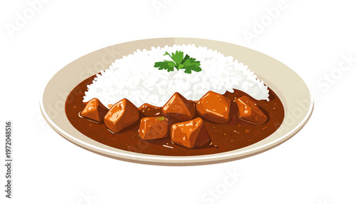 Plate of curry rice with white rice and brown sauce chunks shown as hearty meal in illustration vector