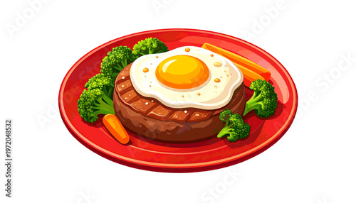 Hamburger steak topped with fried egg and vegetables served on plate as savory meal illustration vector