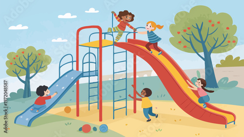Children playing on colorful playground equipment with slides and climbing frame in sunny park