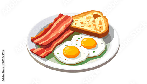 Breakfast plate with fried eggs bacon and toast shown as hearty morning meal in illustration style vector