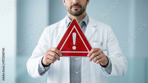 healthcare professional presenting Doctor holding red warning triangle symbol health warnings, or the importance of preventative care in a modern clinic environment.	