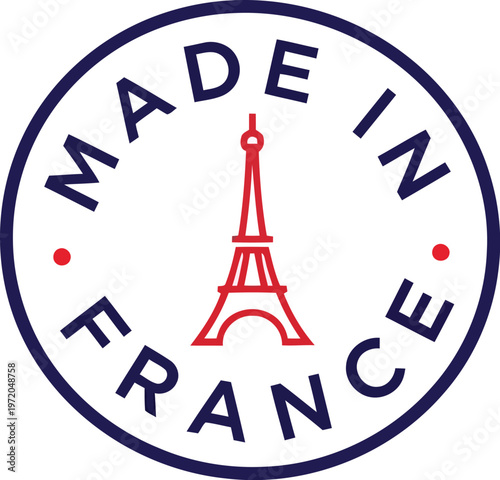 Made in France circular stamp icon featuring Eiffel Tower silhouette for authentic French product branding