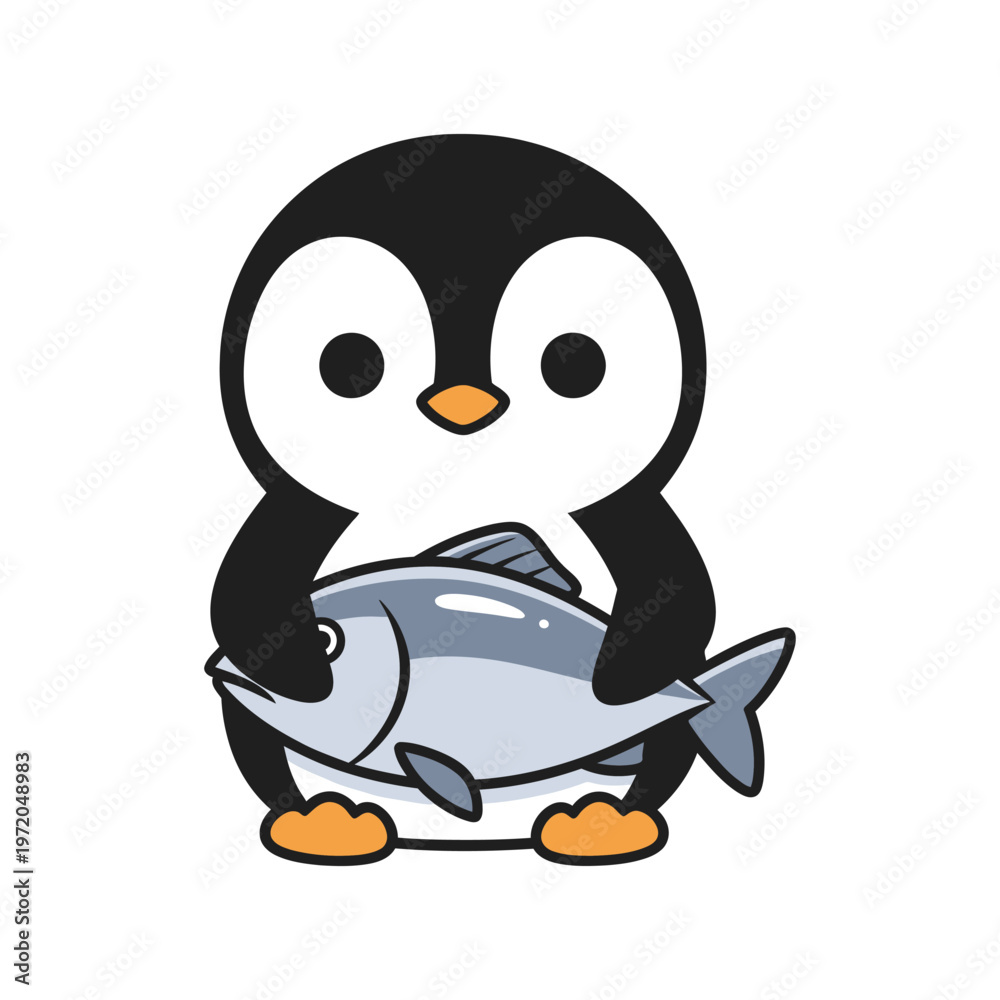 Obraz premium Cute penguin holding a fish vector illustration for children or mascot design
