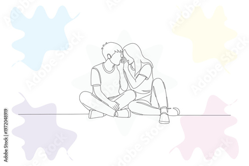 Continuous Line Drawing of Young Couple Sitting Together, Minimalist Illustration of Affectionate Connection, Hand-Drawn Style