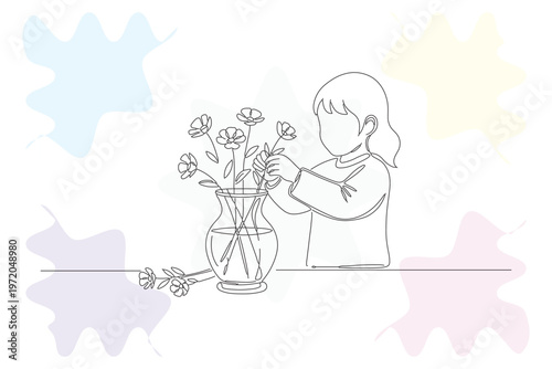 Foto Delicate Continuous Line Drawing of a Child Arranging Flowers in a Vase, Hand-Dr
