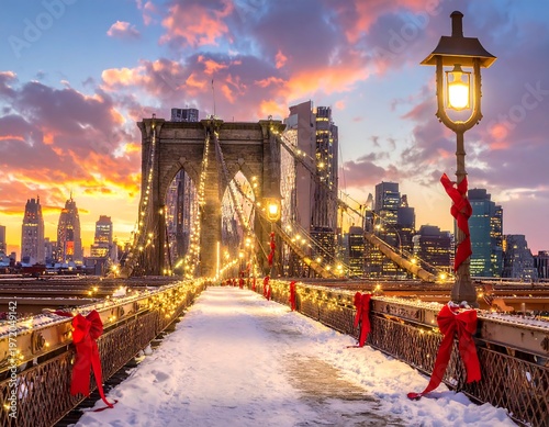 Snowy cityscape with iconic bridge at sunset