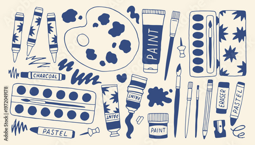 Hand drawn art supplies set with palette and paint tubes. Minimalist doodle collection of brushes and pencils in blue mediterranean vector style