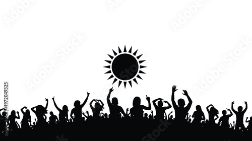 Silhouettes of dancing crowd at music festival under bright sun vector