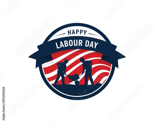 Happy labour day emblem with silhouettes of workers vector illustration