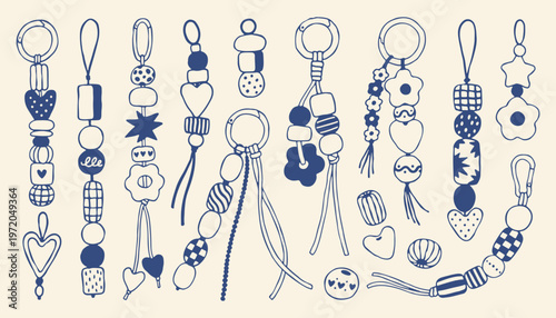 Minimalist collection of beaded keychains with mediterranean motifs. Hand drawn doodle elements featuring hearts and flowers in blue vector style