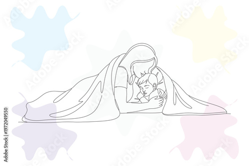 Gentle maternal love depicted in a continuous line drawing, showcasing a mother tenderly cradling her sleeping child, evoking warmth and peaceful connection.