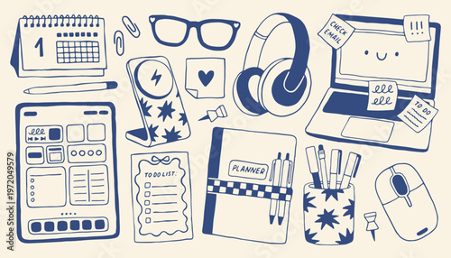 Hand drawn home office set with laptop and stationery elements. Minimalist doodle collection of workspace tools in mediterranean blue vector style